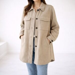 H&M Divided Oversized Fleece Shirt Jacket – Beige Button Up Women's M